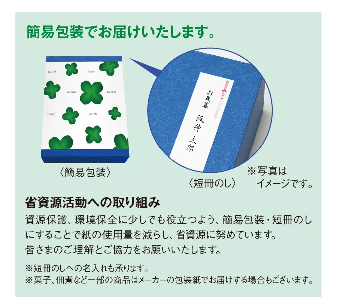 簡易包装でお届けいたします。省資源活動への取り組み 資源保護、環境保全に少しでも役立つよう、簡易包装・短冊のしにすることで紙の使用量を減らし、省資源に努めています。皆さまのご理解とご協力をお願いいたします。※短冊のしへの名入れも承ります。※菓子、佃煮など一部の商品はメーカーの包装紙でお届けする場合もございます。