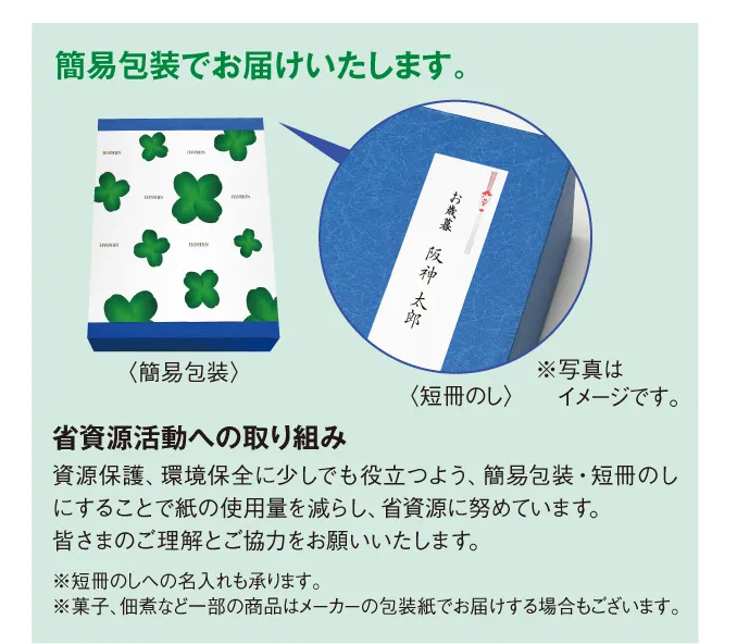 簡易包装でお届けいたします。省資源活動への取り組み 資源保護、環境保全に少しでも役立つよう、簡易包装・短冊のしにすることで紙の使用量を減らし、省資源に努めています。皆さまのご理解とご協力をお願いいたします。※短冊のしへの名入れも承ります。※菓子、佃煮など一部の商品はメーカーの包装紙でお届けする場合もございます。