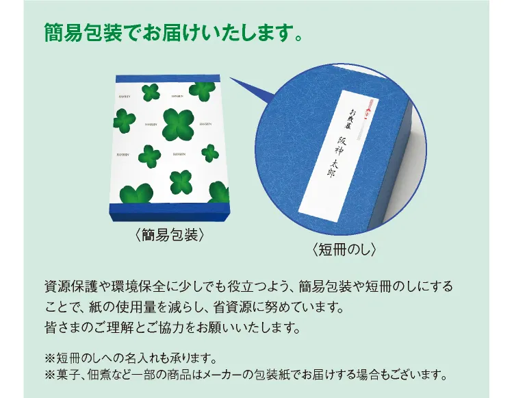 簡易包装でお届けいたします。資源保護や環境保全に少しでも役立つよう、簡易包装や短冊のしにすることで、神の使用量を減らし、省資源に努めています。皆さまのご理解とご協力をお願いいたします。※短冊のしへの名入れの承ります。※菓子、佃煮など一部の商品はメーカーの包装紙でお届けする場合もございます。